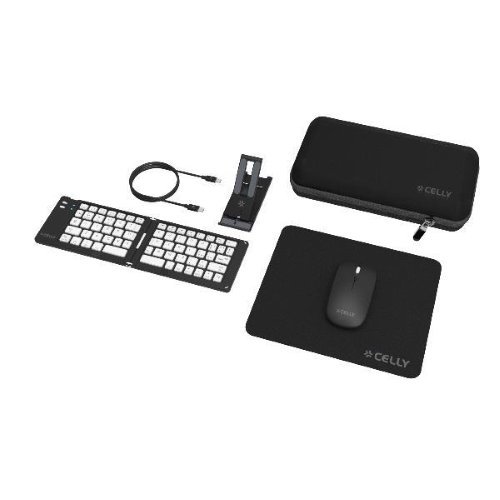 CELLY TRAVEL KIT VIAGGIO PER LAVORARE IN MOBILITA' TASTIERA WIRELESS PIEGHEVOLE MOUSE WIRELESS MOUSEPAD CAVO USB-C SUPPORTO PER SMARTPHONE CUSTODIA NERO
